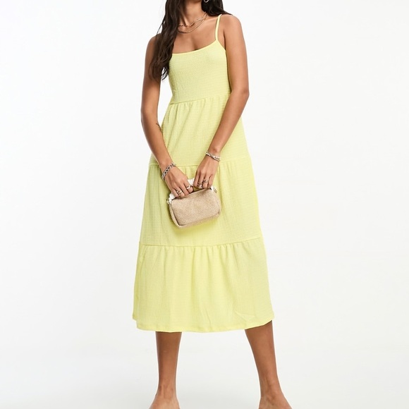 Pieces Tiered Midi Dress Bright Yellow Size Small - Picture 1 of 4